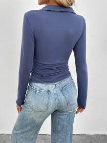 SHEIN LUNE Áo thun dài tay cổ polo retro thường ngày thập niên 90 dành cho nữ, màu xám đậm, mùa thu - Màu xám đen - Xem 2