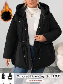 SHEIN CURVE+ Plus Size Women's Fluffy Hooded Padded Coat, For Winter - Black - View 3