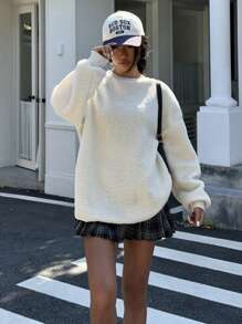 SHEIN Unity 女士休闲宽松落肩羊毛运动衫，适合秋冬季日常穿着 - 白色 - 查看 4