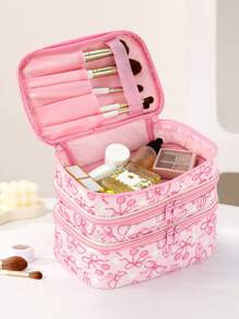 Ashley Baxter Bolsa de cosméticos kawaii con diseño de arco y cereza, de 3 capas, con forma cuadrada, ideal para vacaciones, Año Nuevo, Día de San Valentín