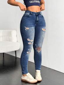 SHEIN EZwear 女士破洞口袋修身休闲牛仔裤 - 深色水洗藍 - 查看 3