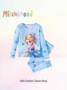 2pcs Baby Girls Snow Princess Printed Long Sleeve Top And Pants Homewear Set, Snug Fit Fashion Outfit Suitable For Party, Photo Shooting, Autumn