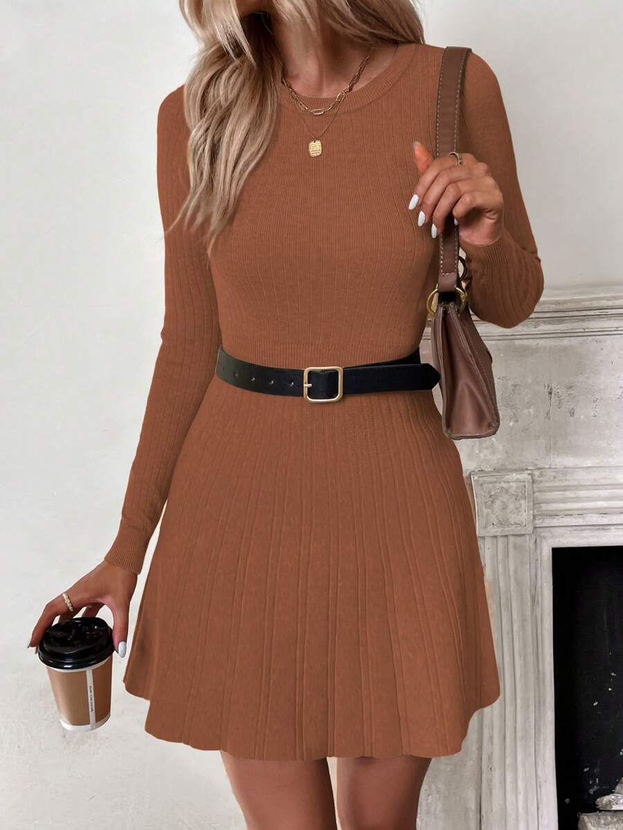 Chiquease Crew Neck Solid Color Fitted Elegant Long Sleeve Sweater Dress - Rust Brown - View 1
