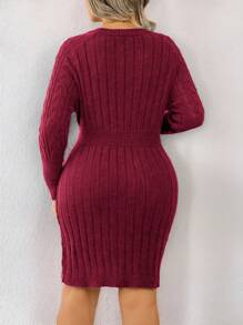 Calvaya Plus Size Solid Color Round Neck Cable Casual Versatile Long Sleeve Sweater Dress, Winter - Burgundy - View 2