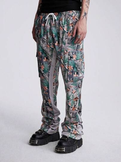 Street Life Pantalon cargo à imprimé de branche d'arbre nue multicouche pour hommes, streetwear