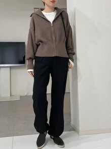 FRIFUL 女士纯色落肩长袖宽松针织开衫，秋冬高领女式夹克 - 咖啡棕 - 查看 2