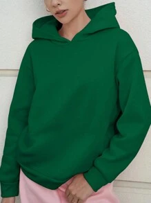 INAWLY Women's Casual Drop Shoulder Long Sleeve Loose Hoodie Sweatshirt, Solid Color, Fall/Winter - Dark Green - View 3