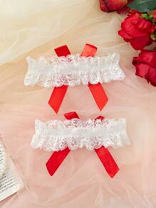 1 对性感蕾丝吊袜带带蝴蝶结装饰 - 紅白色 - 查看 2