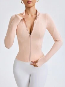 Damen Sportjacke mit durchgehendem Reißverschluss, einfarbig, Langarm, mit Kragen