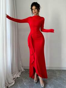 Vestido elegante y encantador para oficina, viajes y fiesta de Navidad, de mangas largas, cuello asimétrico, con cintura entallada y falda midi ajustada. Vestido de punto de un solo color para el atuendo de fin de año de las mujeres - Rojo - Ver 7