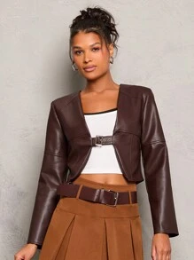 Glamine 1pc Women Casual Metal Buckle PU Leather Short Jacket, Autumn/Winter - Brown - View 7