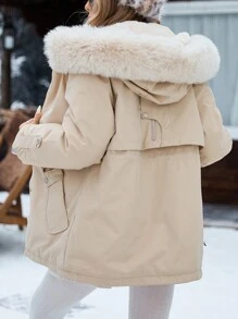 GENKIRA 女士超大毛领冬装加厚棉袄大衣宽松加厚设计腰围 - 米色 - 查看 2