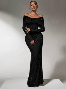 SHEIN SXY Shiny Party Luminous Black Dress Women's One Shoulder Sexy Fishtail Long Dress'fall Women Clothes;Black Skirt;Holiday Party Dress;New Year Eve Dress;New Years Women Outfit - Black - View 6