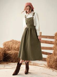 SHEIN MOD 女士休闲纯色吊带连衣裙，秋季 - 橄欖綠 - 查看 4