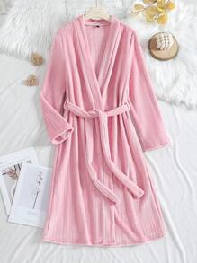 1pc Women Plus Size Pink Thermal Lined Long Robe, Thickened Double-Sided Fuzzy Hooded With Waistbelt Nightgown Loungewear, Winter - Pink - View 1
