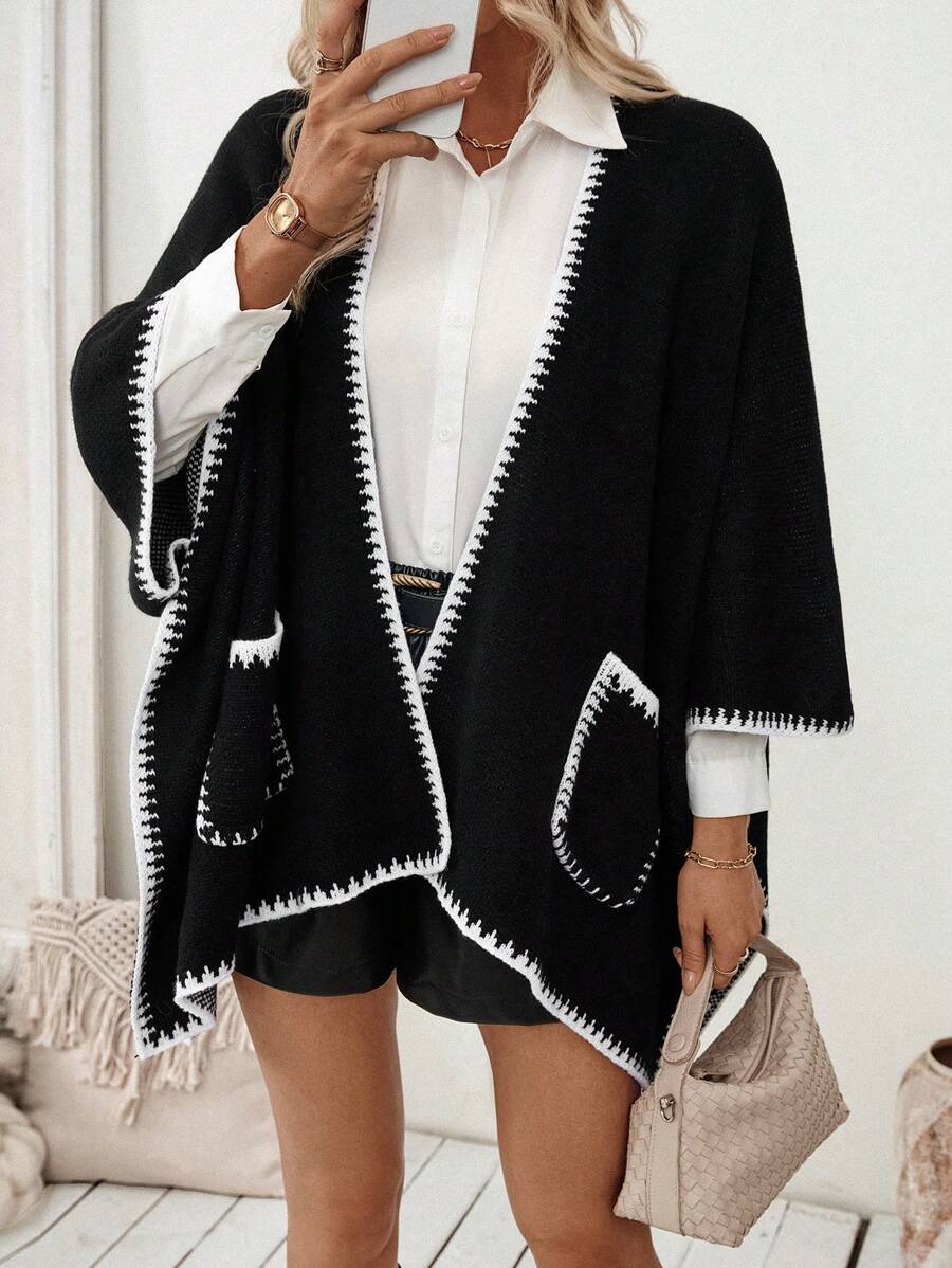 SHEIN LUNE Oversized Two-Tone Poncho Cape Style Loose Knit Cardigan, European/American Streetwear Vibe - Black - View 1
