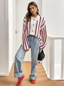 SHEIN Frenchy Women Button Down Collar Long Sleeve Striped Cardigan, Casual Everyday Wear,Red Christmas ,Christmas Clothes,Christmas Top,Festival Clothes
