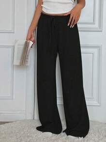 Muchica Women's Casual Heart Cartoon Bear Printed Drawstring Waist Long Pants Valentine Day - Black - View 1