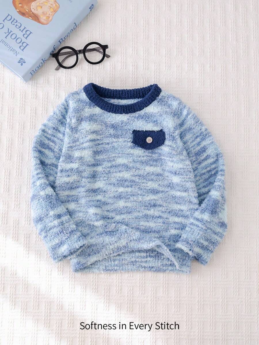 Cozy Pixies Young Boy Contrast Color Pocket Crew Neck Long Sleeve Pullover Sweater - Blue - View 1