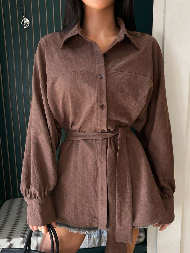 1pc Women Solid Color Loose Fit Long Sleeve Shirt With Belt,Fall Clothes