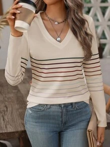 SHEIN LUNE Áo thun nữ tay dài cổ chữ V họa tiết sọc khối màu thời trang mùa xuân - Nhiều màu - Xem 5