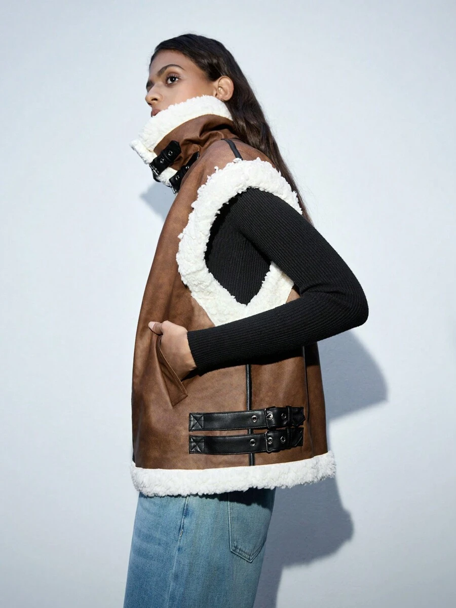 Maija Women Casual Shearling Trim PU Leather Lapel Spring Jacket - Khaki - View 1