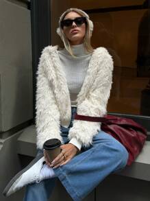 Aloruh Women Casual Chic Hooded Loose Long Sleeve Fluffy Warm Jacket