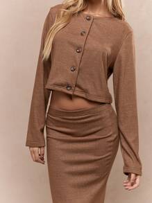 MISSGUIDED Buttoned Long Sleeves Round Neck Crop Top And Bodycon Maxi Skirt Two Piece Co-Ord Set - Brown - View 3