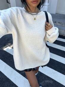 SHEIN Unity 女士休闲宽松落肩羊毛运动衫，适合秋冬季日常穿着 - 白色 - 查看 6