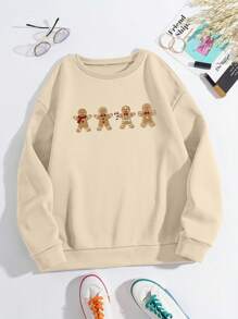 INAWLY Áo sweatshirt nữ tay dài cổ tròn in hình người bánh gừng Giáng sinh, kiểu dáng thường ngày, thích hợp mặc mùa thu/đông. - Màu be - Xem 3