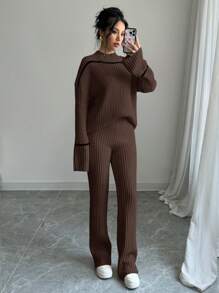 Elenzga 2 件套女式纯色拼布立领长袖休闲上衣和裤子套装 - 咖啡棕 - 查看 3