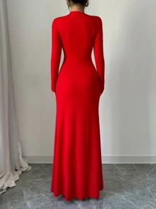 Vestido elegante y encantador para oficina, viajes y fiesta de Navidad, de mangas largas, cuello asimétrico, con cintura entallada y falda midi ajustada. Vestido de punto de un solo color para el atuendo de fin de año de las mujeres - Rojo - Ver 2