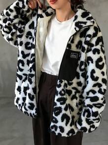 FRIFUL Áo khoác nữ tay dài màu trơn có khóa kéo phía trước, túi vá đơn giản, họa tiết da báo, quần áo mùa thu cho nữ, áo khoác nữ họa tiết da báo - Đen và trắng - Xem 4