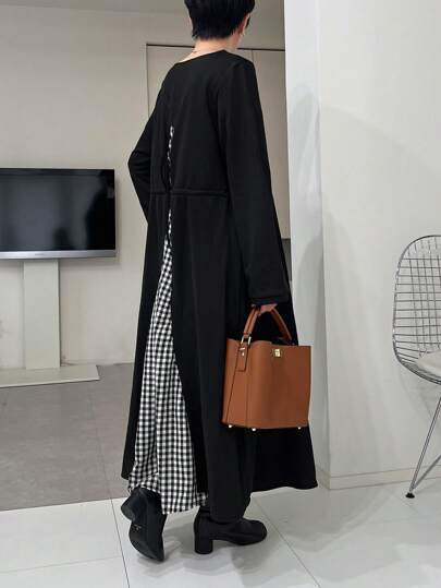 FRIFUL 女士纯色拼接前扣长袖简约休闲连衣裙，秋季连衣裙格子