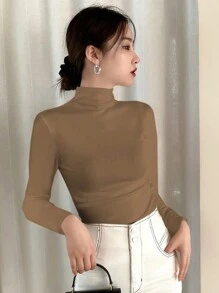 DAZY 1 件女式高领长袖修身羊绒棕色 T 恤，春夏、秋季服装 - 咖啡棕 - 查看 5