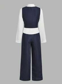 SHEIN Explorewe Teen Girl Preppy Style Casual Elegant Y2K Vest, Blouse, And Pants Set, Fashionable And Versatile, Perfect For Fall And Spring And Winter - Multicolor - View 2