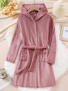 Lotus Root Pink Furry Comfy Long Sleeve Long Tie Draw String Hooded Robe Loungewear For Teenage Girls, Flame Retardant,Travel - Dusty Pink - View 3