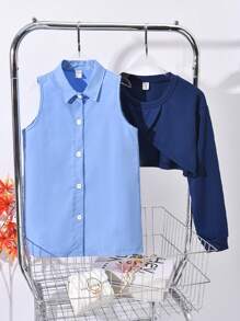 SHEIN 2pcs Tween Girls Long Sleeve Crop Sweatshirt Matched With Light Blue Shirt - Blue - View 6