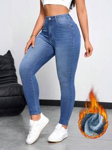 SHEIN Essnce Pantalones vaqueros delgados casuales de mujer con forro térmico y bolsillos, denim grueso y calentito