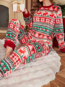 Zestaw piżamowy z nadrukiem świątecznym, długimi rękawami i spodniami, pluszowy element świąteczny - Wielokolorowe - Zobacz 1
