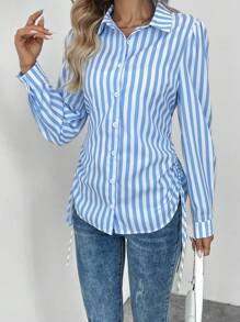 SHEIN LUNE 女士休闲优雅翻领泡泡袖抽绳腰部不对称下摆侧条纹印花长袖衬衫，适合日常和通勤穿着，秋冬季 - 藍白色 - 查看 1