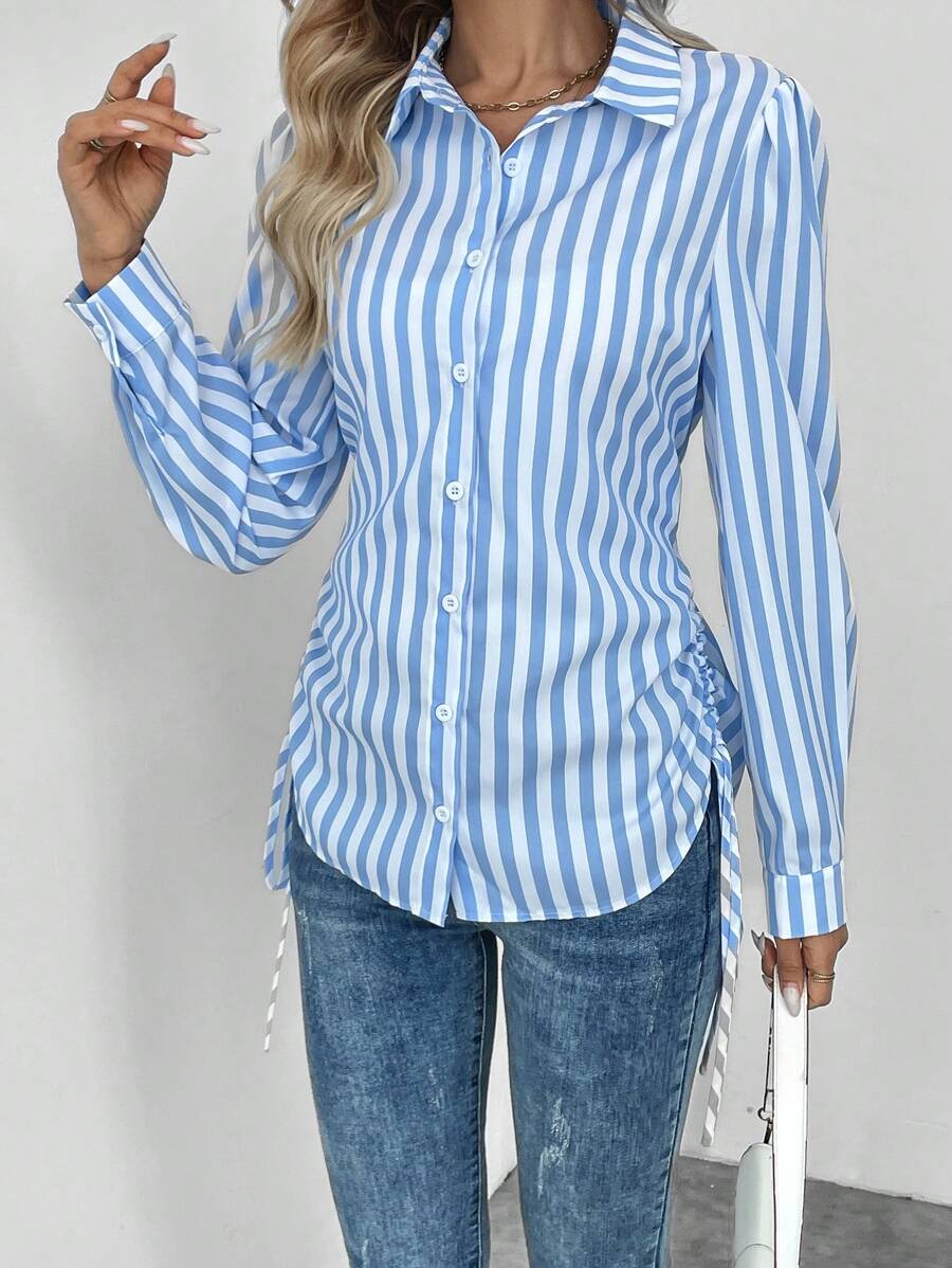 SHEIN LUNE 女士休闲优雅翻领泡泡袖抽绳腰部不对称下摆侧条纹印花长袖衬衫，适合日常和通勤穿着，秋冬季 - 藍白色 - 查看 1