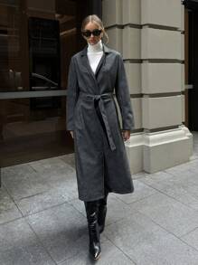 Aloruh 女式翻领长袖仿旧 PU 皮革长款风衣，深灰色，秋冬 - 深灰色 - 查看 7