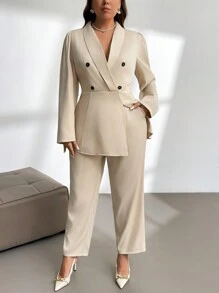 Firerie 大码女士优雅简约时尚商务办公室通勤双排扣西装外套和高腰直筒裤套装，秋冬