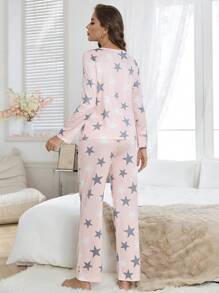 Women 2pcs Comfy Star Print Pajama Top And Pants Set, Autumn, Fall Clothes  Cozy And Elegant Details