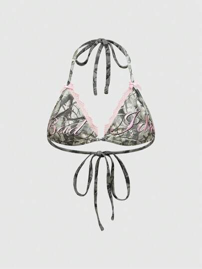 Grunge Punk Y2K Sexy Sassy Slogan Embroidered Lace Patchwork Camouflage Allover Print Contrast Color Design Bikini Bra Top