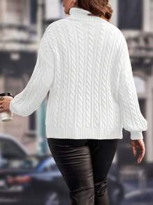SHEIN LUNE 大码女式绞花针织高领落肩侧开衩休闲毛衣，秋冬针织套头衫 - 白色 - 查看 2