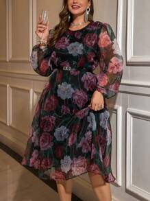 SHEIN Clasi 大码花卉印花圆领网眼撞色长袖连衣裙 - 彩色 - 查看 9