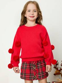 SHEIN Jersey de cuello redondo con textura y mangas abombadas para niñas pequeñas/jóvenes, apropiado para uso diario casual - Rojo - Ver 4