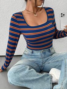 SHEIN EZwear Plus Size Autumn Casual Colorblock Striped Fitted Long Sleeve T-Shirt - Multicolor - View 3